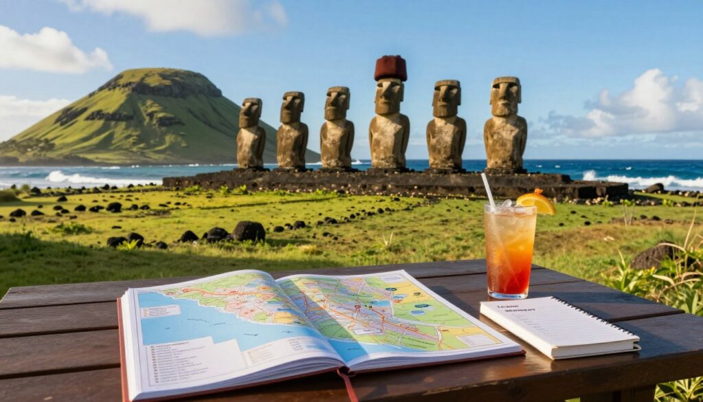 A beautiful tropical scene depicting Easter Island (Rapa Nui) as a travel destination. In the foreground, a well-organized travel planning table with a map, a notebook, and a tropical drink, showcasing practical travel tips. In the middle ground, iconic Moai statues are standing majestically against a backdrop of the lush, green island and clear blue skies. The background reveals the vibrant ocean waves gently crashing against rocky shores under soft, golden sunlight. The atmosphere is inviting and adventurous, conveying a sense of exploration and serenity. Use a wide-angle lens to capture the expansive landscape, with warm, natural lighting enhancing the colors and details. The mood is encouraging, perfect for future travelers seeking to discover this mysterious island.