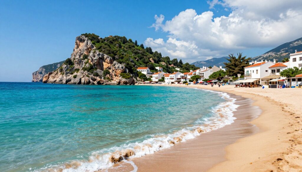 A breathtaking Mediterranean and Aegean coast scene, showcasing the stunning turquoise waters lapping against pristine sandy beaches. In the foreground, gentle waves shimmer under the bright sunlight, while rocky cliffs adorned with lush greenery rise majestically. The middle ground reveals charming coastal towns with whitewashed buildings and terracotta roofs, dotted along the shoreline. The background features a clear blue sky with soft, fluffy clouds, casting serene shadows over the landscape. The composition includes a distant view of the horizon where the sea meets the sky, evoking a sense of tranquility. Capture this idyllic atmosphere with bright, vivid colors, ensuring the lighting conveys the warmth of a sunny day. Aim for a panoramic shot that highlights the natural beauty and cultural richness of this coastal region. A breathtaking Mediterranean and Aegean coast scene, showcasing the stunning turquoise waters lapping against pristine sandy beaches. In the foreground, gentle waves shimmer under the bright sunlight, while rocky cliffs adorned with lush greenery rise majestically. The middle ground reveals charming coastal towns with whitewashed buildings and terracotta roofs, dotted along the shoreline. The background features a clear blue sky with soft, fluffy clouds, casting serene shadows over the landscape. The composition includes a distant view of the horizon where the sea meets the sky, evoking a sense of tranquility. Capture this idyllic atmosphere with bright, vivid colors, ensuring the lighting conveys the warmth of a sunny day. Aim for a panoramic shot that highlights the natural beauty and cultural richness of this coastal region.