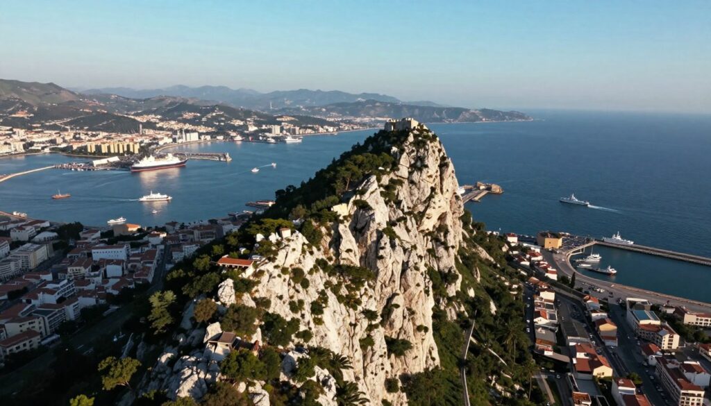 A breathtaking aerial view of Gibraltar, showcasing its strategic location at the entrance of the Mediterranean Sea. In the foreground, the iconic Rock of Gibraltar rises majestically, surrounded by lush greenery. The middle ground features a bustling harbor with ships navigating the busy waters, providing a sense of scale and activity. In the background, the shoreline of Spain stretches out under a clear blue sky, casting reflections in the ocean. Soft, warm lighting enhances the scene, evoking a serene and strategic atmosphere. Capture the essence of maritime trade and the geographical significance of Gibraltar, ideal for illustrating its role in navigation. The composition should be shot from a slightly elevated angle for depth, capturing the unity of land and sea.