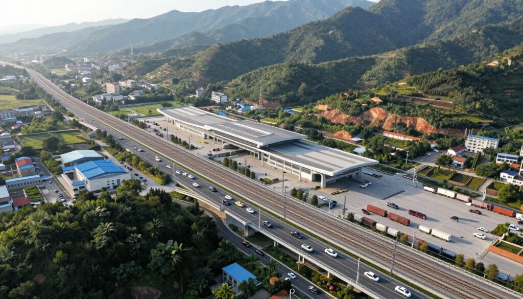 A breathtaking aerial view of an intricate transportation infrastructure connecting China with its neighboring countries. In the foreground, a busy highway adorned with vehicles moves seamlessly alongside a high-speed railway, showcasing the advanced connectivity. The middle ground features a modern international railway station with sleek architectural lines, surrounded by trucks and cargo vehicles for logistics. In the background, lush mountains and rolling hills create a natural border, while small villages can be seen, hinting at cross-border interactions. The scene is bathed in warm daylight, adding a vibrant atmosphere, with a slight haze that emphasizes depth. The composition captures the harmony between human engineering and the surrounding landscape, depicting a bustling yet balanced fusion of nature and transportation.