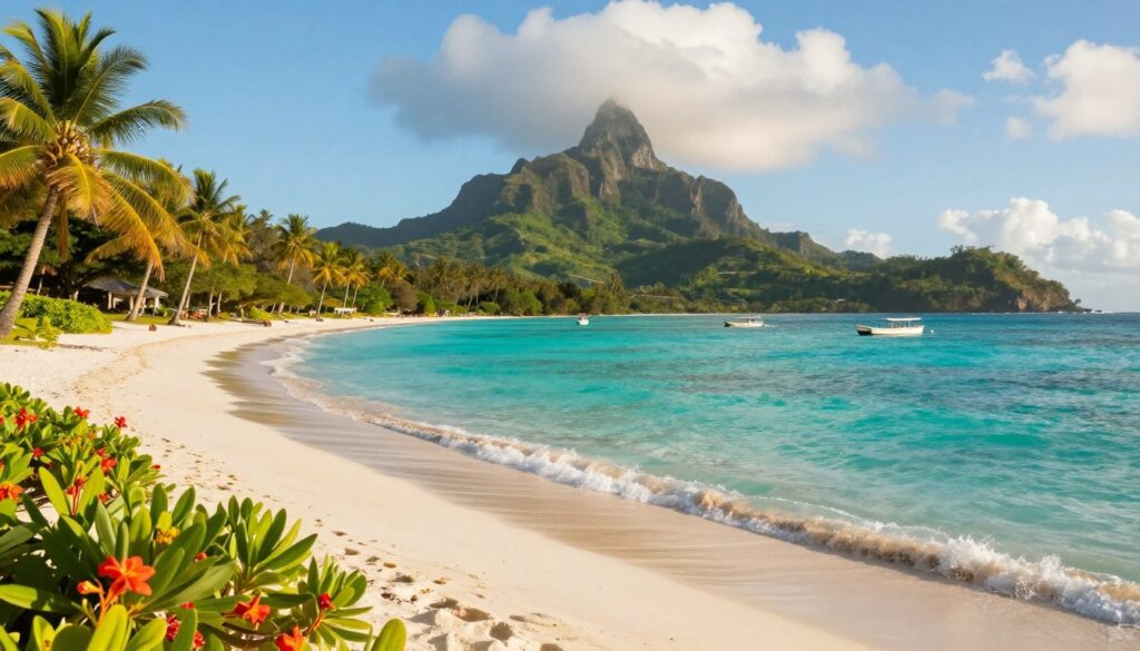 A breathtaking view of French Polynesia, showcasing stunning turquoise waters with gentle waves lapping at pristine white sandy beaches. In the foreground, vibrant tropical plants and colorful flowers add depth, while a few small boats float peacefully on the surface. The middle ground features lush, green islands with swaying palm trees, creating an idyllic setting. The background displays distant, towering mountains partially shrouded in soft clouds under a brilliant blue sky. The scene is bathed in warm, golden sunlight, evoking a tranquil and inviting atmosphere. Capture this landscape from a slightly elevated angle to emphasize the natural beauty and serenity of the location. A breathtaking view of French Polynesia, showcasing stunning turquoise waters with gentle waves lapping at pristine white sandy beaches. In the foreground, vibrant tropical plants and colorful flowers add depth, while a few small boats float peacefully on the surface. The middle ground features lush, green islands with swaying palm trees, creating an idyllic setting. The background displays distant, towering mountains partially shrouded in soft clouds under a brilliant blue sky. The scene is bathed in warm, golden sunlight, evoking a tranquil and inviting atmosphere. Capture this landscape from a slightly elevated angle to emphasize the natural beauty and serenity of the location.