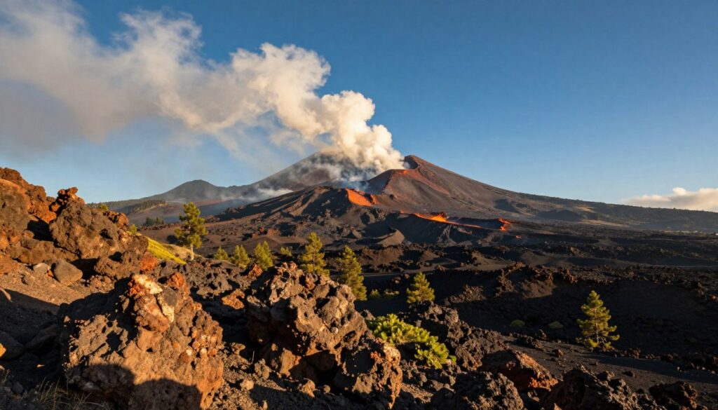 A breathtaking view of Mount Etna, showcasing its active volcanic landscape. In the foreground, jagged volcanic rocks and patches of green vegetation reflect the harsh yet vibrant ecosystem. The middle ground features the mighty, smoking crater of Etna, billowing wisps of white smoke against the deep blue sky. In the background, a mountainous terrain, dotted with sparse pine trees, frames the scene, hinting at the dramatic elevation changes of Sicily's landscape. The lighting is warm and golden, typical of a late afternoon sun, casting soft shadows and enhancing the textures of the volcanic rock. The atmosphere is charged with a sense of awe and majesty, embodying the raw power of nature. The angle is slightly elevated, offering a panoramic perspective that emphasizes the grandeur of Mount Etna.
