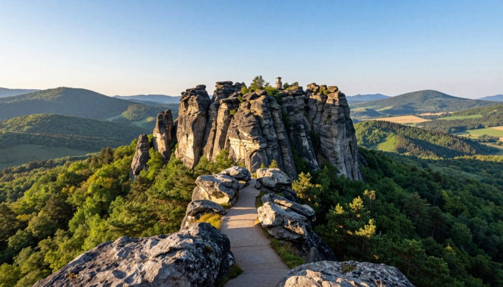 A breathtaking view of Szczeliniec Wielki, the highest peak of the Table Mountains, surrounded by intricate rock formations and lush green forests. In the foreground, rocky outcrops and a winding path lead the viewer's eye toward the summit. The middle ground features the mountain's towering cliffs, displaying unique shapes and textures under bright, dappled sunlight. The background showcases the rolling hills and valleys of the surrounding landscape, with distant peaks receding into a clear blue sky. The image captures a serene, tranquil atmosphere, evoking a sense of adventure and natural beauty. Use a wide-angle lens to emphasize the grandeur of the scene, with soft, warm lighting to enhance the colors and details of the foliage and rocks. A breathtaking view of Szczeliniec Wielki, the highest peak of the Table Mountains, surrounded by intricate rock formations and lush green forests. In the foreground, rocky outcrops and a winding path lead the viewer's eye toward the summit. The middle ground features the mountain's towering cliffs, displaying unique shapes and textures under bright, dappled sunlight. The background showcases the rolling hills and valleys of the surrounding landscape, with distant peaks receding into a clear blue sky. The image captures a serene, tranquil atmosphere, evoking a sense of adventure and natural beauty. Use a wide-angle lens to emphasize the grandeur of the scene, with soft, warm lighting to enhance the colors and details of the foliage and rocks.