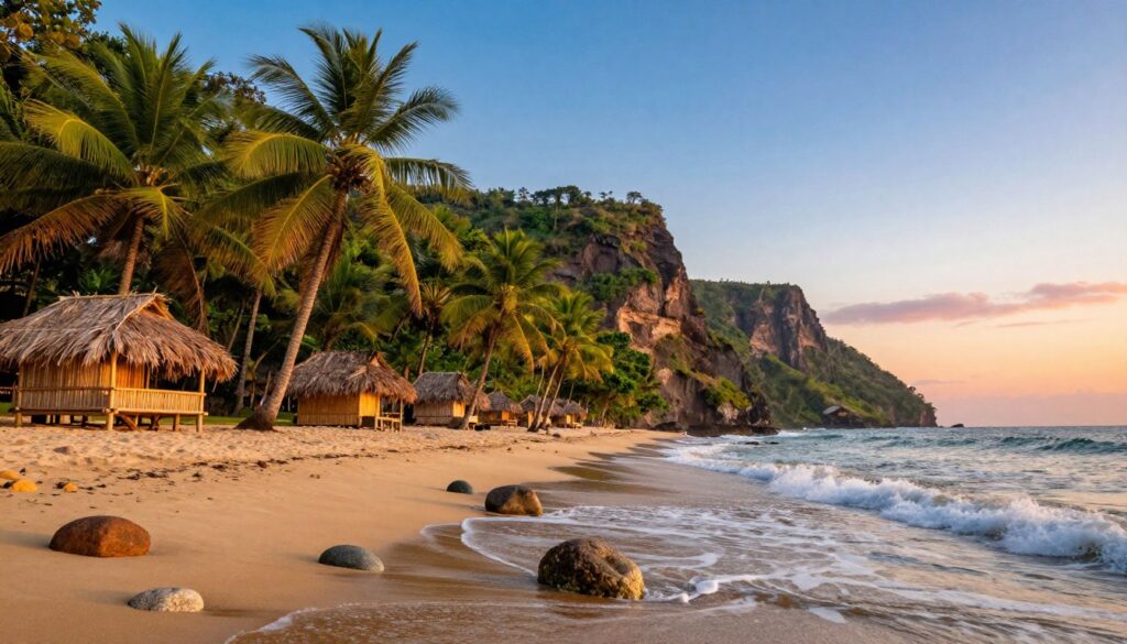 A breathtaking view of the Costa coastline in Ecuador, showcasing a tropical paradise. In the foreground, gentle waves lap against soft, golden sandy shores, dotted with smooth, round stones. The middle ground features lush, green palm trees swaying lightly in the breeze, along with small beach huts made from bamboo and thatch. In the background, dramatic cliffs rise steeply, enveloped by vibrant vegetation and a clear blue sky that transitions into warm hues of orange and pink as the sun sets. Soft, warm lighting casts a serene glow, enhancing the tranquil atmosphere. The angle captures the coastline curving into the horizon, inviting the viewer into this picturesque scene, rich in natural beauty and harmony.