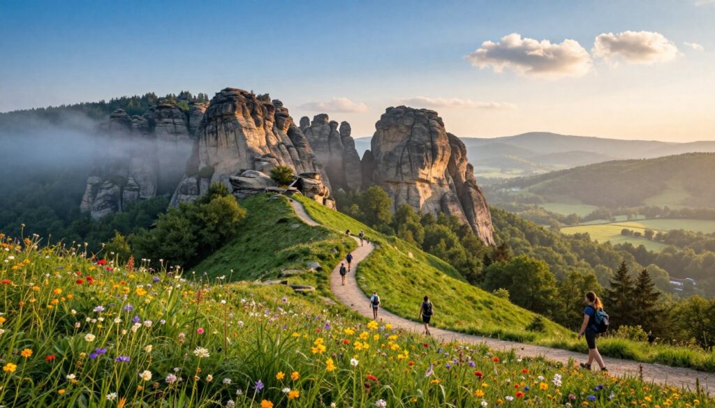 A breathtaking view of the Czech side of the Stołowe Mountains, showcasing unique rock formations and lush greenery. In the foreground, vividly colored wildflowers dot the landscape, while hikers on a well-marked trail navigate the undulating terrain. The middle ground features the iconic sandstone cliffs rising dramatically, partially shrouded in mist for a mystical touch. In the background, rolling hills extend into the distance under a clear blue sky, with a few fluffy clouds. Warm, soft lighting suggests early morning or late afternoon, enhancing the vibrant colors of the scenery. The atmosphere is serene and inviting, capturing the beauty of nature and the tranquility of the mountains. A breathtaking view of the Czech side of the Stołowe Mountains, showcasing unique rock formations and lush greenery. In the foreground, vividly colored wildflowers dot the landscape, while hikers on a well-marked trail navigate the undulating terrain. The middle ground features the iconic sandstone cliffs rising dramatically, partially shrouded in mist for a mystical touch. In the background, rolling hills extend into the distance under a clear blue sky, with a few fluffy clouds. Warm, soft lighting suggests early morning or late afternoon, enhancing the vibrant colors of the scenery. The atmosphere is serene and inviting, capturing the beauty of nature and the tranquility of the mountains.