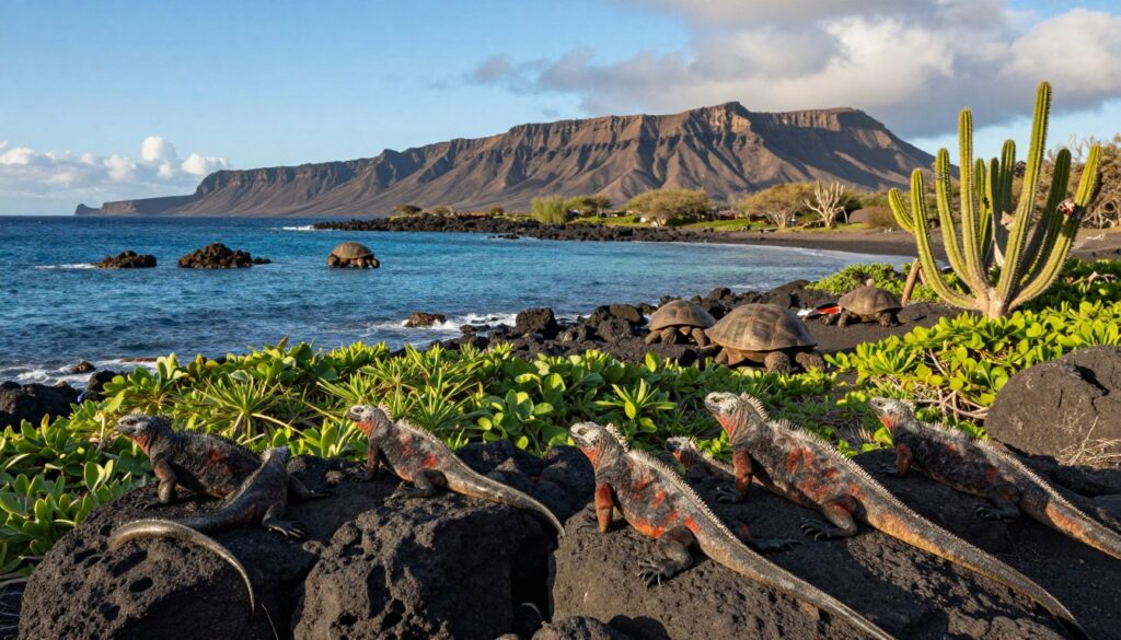 A breathtaking view of the Galapagos Islands, showcasing their unique ecosystems. In the foreground, vibrant marine iguanas bask on sunlit black volcanic rocks, surrounded by lush green vegetation. The middle ground features a diverse landscape of striking blue ocean waters dotted with small islets, with native flora like giant tortoises and cacti prominent. In the background, rugged cliffs rise beneath a clear blue sky with a few fluffy clouds, suggesting a tranquil environment. Soft, warm sunlight illuminates the scene, creating a serene atmosphere. The composition captures the essence of this extraordinary archipelago, emphasizing its ecological importance and pristine beauty. Use a wide-angle lens perspective to enhance the depth and richness of the scenery.