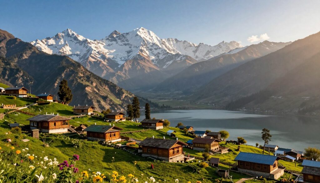 A breathtaking view of the Kashmir region, illustrating the complex relationship between India and Pakistan. In the foreground, lush green valleys dotted with traditional Kashmiri houses made of wood, surrounded by vibrant flowers. The middle ground features majestic snow-capped mountains rising sharply against a clear blue sky, casting dramatic shadows on the landscape. In the background, a shimmering lake reflects the peaks, giving a sense of depth and tranquility. The scene is illuminated by warm, golden sunlight, creating a soft, inviting atmosphere. Capture the essence of nature's beauty while subtly hinting at the tension of the territorial dispute, emphasizing the rich cultural heritage and the natural splendor of Kashmir. Focus on a panoramic view with a wide-angle perspective to convey the vastness of the region.