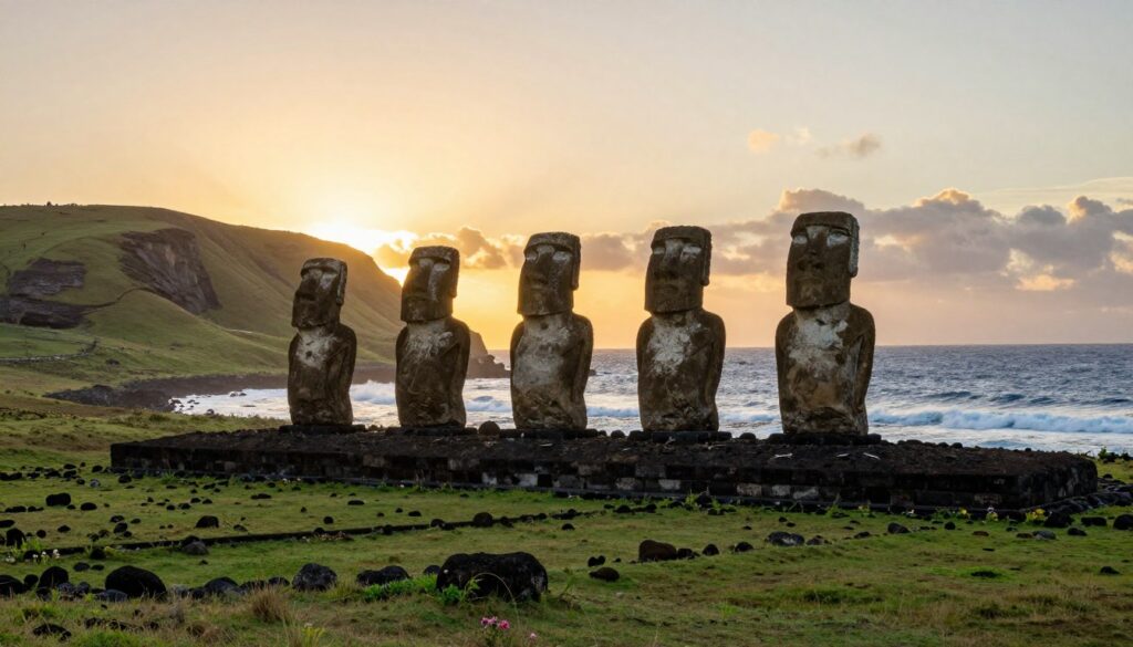 A breathtaking view of the Moai statues on Easter Island, set under a golden sunset sky that casts warm light over the scene. In the foreground, several towering Moai statues, intricately carved, face towards the horizon, their stone surfaces rugged and weathered over centuries. The middle ground features lush green grass and gentle hills, dotted with smaller rocks and wildflowers. In the background, the ocean glistens as waves crash against the rocky shore, with distant cliffs silhouetted against the fading sun. The atmosphere is serene and mystical, evoking a sense of ancient history and cultural significance. The lighting highlights the textures of the statues while creating soft shadows, emphasizing their impressive height and features, captured with a wide-angle lens to enhance the grandeur of the scene.