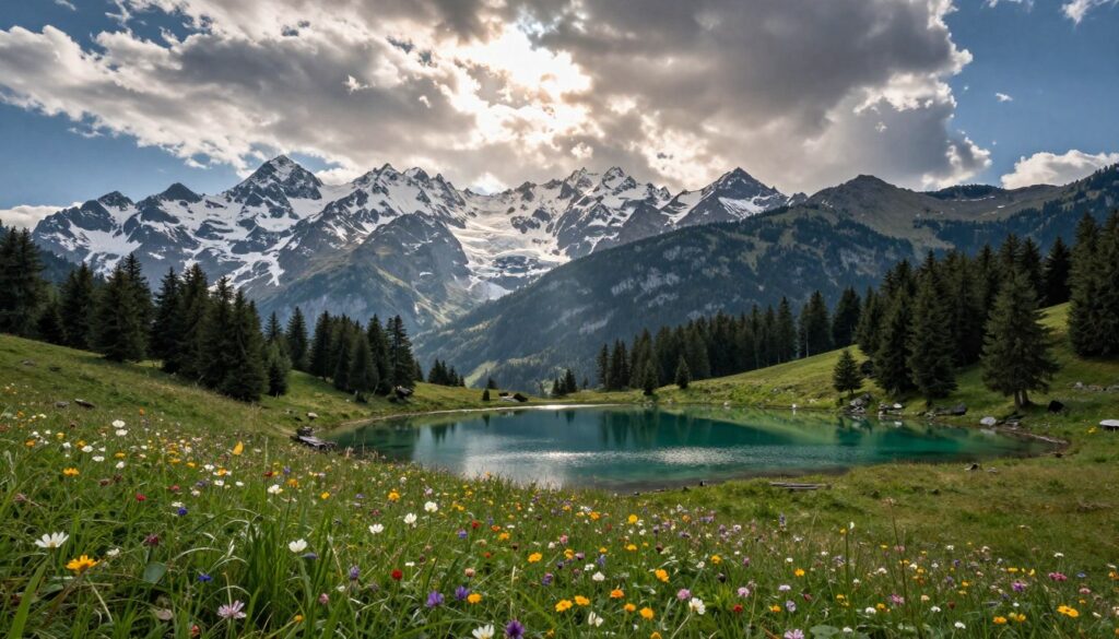 A breathtaking view of the Northern Alps, showcasing a majestic mountainous landscape with snow-capped peaks piercing the sky. In the foreground, a serene alpine meadow blooms with vibrant wildflowers and patches of green grass, inviting exploration. Middle ground features a clear turquoise lake reflecting the towering mountains, surrounded by thick pine forests. In the background, the stunning ridge of the Alps stretches under a dramatic, partly cloudy sky, with sunlight breaking through to illuminate specific peaks, creating a captivating interplay of light and shadow. The atmosphere is tranquil yet awe-inspiring, conveying the natural beauty and grandeur of this alpine barrier at the northern border of Italy. The scene is framed as if viewed through a wide-angle lens, emphasizing the vastness and majesty of the landscape.