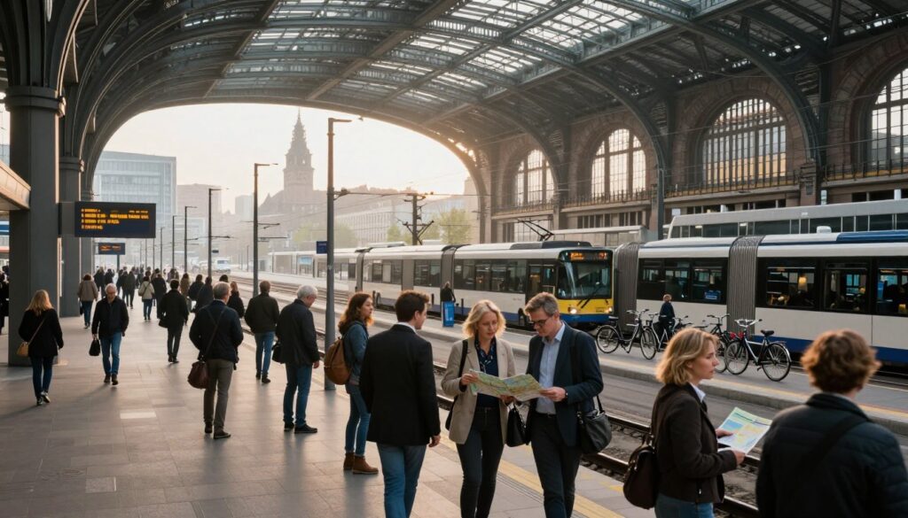 A bustling urban transportation hub in Hamburg, showcasing an iconic train station with modern architecture and intricate design. In the foreground, a diverse group of people in professional attire and casual wear are waiting at the platform, engaged in conversation and inspecting maps. The middle ground features various public transport options, including buses, trams, and bicycles parked nearby, while a digital display shows train times. In the background, the city's skyline is visible, with notable landmarks peeking through the morning fog. Soft, natural light filters in, creating a warm atmosphere, while the angle captures a dynamic view, emphasizing the interconnectedness of the transport system. The image should portray a sense of movement and accessibility, inviting travelers to explore Hamburg.
