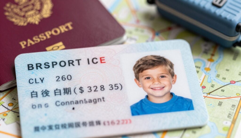 A close-up image of a child's personal identification card, featuring a clear photograph of a smiling young child with light brown hair and wearing a bright blue shirt. The card should display essential elements like a unique identification number, the child's name, and an official government seal in the background. The foreground highlights the card with a natural, slightly blurred effect, enhancing the focus on its details. Soft, natural lighting gives a warm, inviting atmosphere. In the background, subtly include a passport and travel-related items, like a small suitcase or travel map, to contextualize the importance of identification for children. The overall mood should be informative and reassuring, emphasizing travel readiness for families.