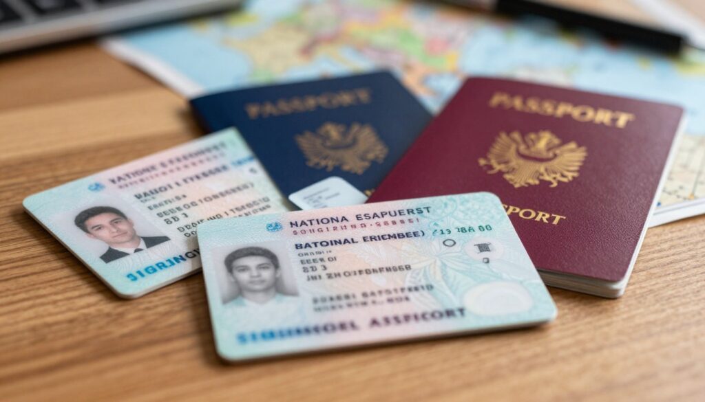 A close-up image showing various valid identity documents on a wooden desk, including a passport, national ID card, and driver's license. The documents should be neatly arranged, highlighting their important features such as security holograms and expiration dates. In the background, softly blurred, a map of Albania can be seen, hinting at travel. The lighting is warm and inviting, casting gentle shadows, adding depth to the scene. The focus should be sharp on the documents, capturing the professional atmosphere while emphasizing the importance of valid identity in travel situations. The overall mood is informative and recognizable, suitable for an article on travel documentation requirements.