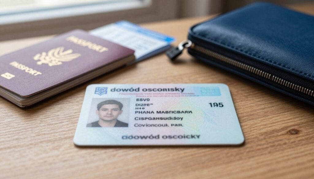 A close-up of a Polish identity card ("dowód osobisty") on a wooden table, surrounded by travel essentials like a passport, a flight ticket, and a blue travel wallet, creating a travel-ready scene. The identity card is in sharp focus, displaying its detailed design elements, such as the national emblem and personal information, while the background fades softly, keeping the emphasis on the card. Natural light pours in from a nearby window, casting gentle shadows and highlighting the textures of the materials. The atmosphere is calm and organized, reflecting preparation for an international journey, without any human subjects or distractions. The overall color palette features warm tones with a touch of blue, enhancing the theme of travel readiness and border crossing.