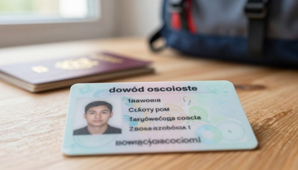 A close-up of a "dowód osobisty" (Polish identity card) resting on a wooden table, showcasing the document's key features such as personal data fields, a holographic image, and an intricate background design. The foreground should be crisp, highlighting the text and images on the card, while the middle ground gently blurs to include a faded passport and a child's travel backpack, evoking a sense of preparation for travel. The background features soft, natural lighting filtering through a window to create a warm, inviting atmosphere. The focus should convey a sense of security and importance of identification when traveling. No human subjects or extraneous items should be included, ensuring the emphasis remains solely on the identity card.