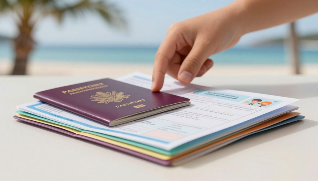 A close-up of a stack of official travel documents for minors, including a colorful passport, travel consent forms, and identification cards, neatly arranged on a clean surface. In the foreground, the focus is on the documents featuring bright colors and clear details, emphasizing their importance for traveling. In the middle ground, a child's hand can be seen holding an adult's finger, symbolizing guidance and protection. The background showcases a soft-focus image of a serene beach with palm trees, hinting at a family vacation destination in Croatia. Soft, warm lighting creates an inviting atmosphere, evoking anticipation and safety for traveling families. The scene is composed with a slight angle to enhance depth, while maintaining a professional and organized look without any text or distractions. A close-up of a stack of official travel documents for minors, including a colorful passport, travel consent forms, and identification cards, neatly arranged on a clean surface. In the foreground, the focus is on the documents featuring bright colors and clear details, emphasizing their importance for traveling. In the middle ground, a child's hand can be seen holding an adult's finger, symbolizing guidance and protection. The background showcases a soft-focus image of a serene beach with palm trees, hinting at a family vacation destination in Croatia. Soft, warm lighting creates an inviting atmosphere, evoking anticipation and safety for traveling families. The scene is composed with a slight angle to enhance depth, while maintaining a professional and organized look without any text or distractions.