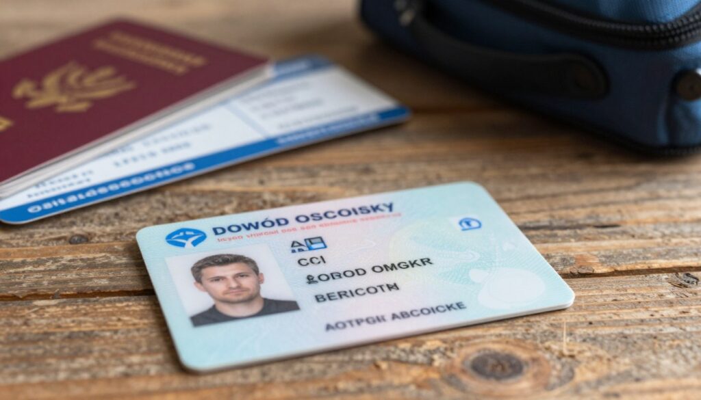 A close-up view of a Polish identification card (dowód osobisty) laid flat on a rustic wooden table. The card should feature the details typically found on such documents, including a photo, personal identification numbers, and relevant symbols, all depicted clearly. In the background, softly blurred travel essentials like a passport, boarding pass, and a small travel bag to create an atmosphere of preparation for a journey. Use warm, natural lighting to evoke a sense of adventure, with a shallow depth of field to emphasize the ID card as the focal point. The overall mood is professional and informative, suitable for illustrating necessary travel documents.