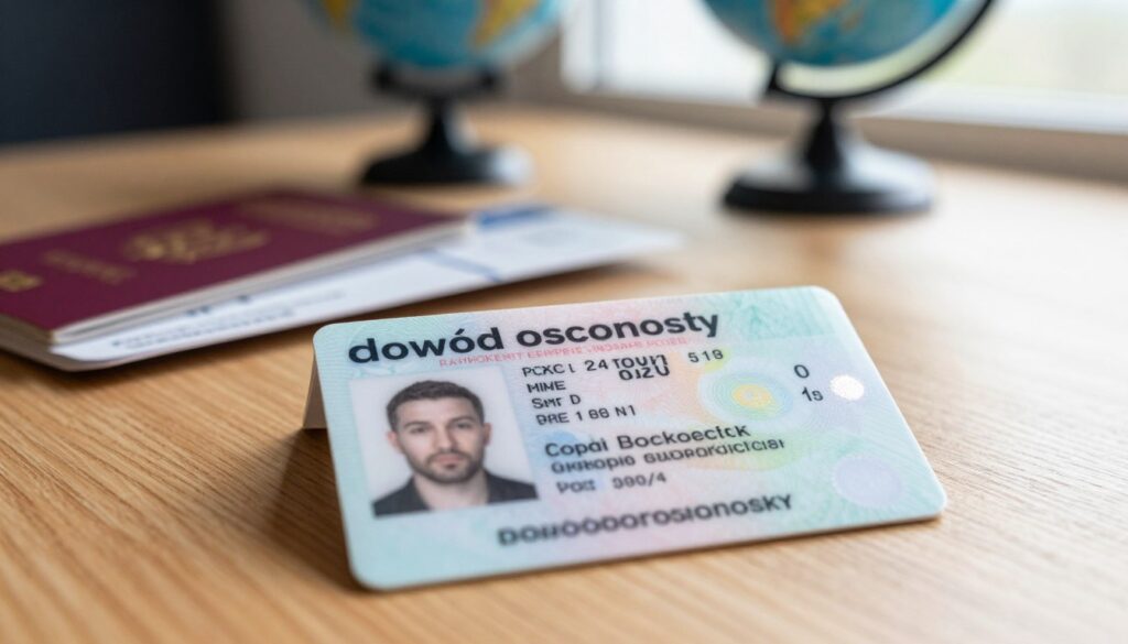 A close-up view of a Polish identity card ("dowód osobisty") placed on a wooden table, illuminated by soft natural light coming from a nearby window. The card should be the primary focus, displaying its distinctive features such as the Polish coat of arms, personal details, and holographic elements, all in high resolution. In the background, subtly blurred, are items typically associated with travel: a passport, a boarding pass, and a globe. The atmosphere is calm and professional, evoking a sense of preparation for travel. The angle should highlight the identity card clearly while ensuring the background elements contribute to the travel theme without distracting from the main subject. No people should be present in the image. A close-up view of a Polish identity card ("dowód osobisty") placed on a wooden table, illuminated by soft natural light coming from a nearby window. The card should be the primary focus, displaying its distinctive features such as the Polish coat of arms, personal details, and holographic elements, all in high resolution. In the background, subtly blurred, are items typically associated with travel: a passport, a boarding pass, and a globe. The atmosphere is calm and professional, evoking a sense of preparation for travel. The angle should highlight the identity card clearly while ensuring the background elements contribute to the travel theme without distracting from the main subject. No people should be present in the image.