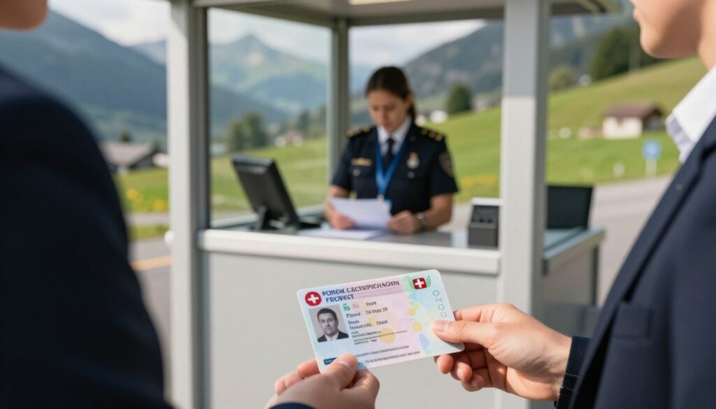A close-up view of a professional-looking passport control checkpoint at a Swiss border crossing, depicted in a realistic style. In the foreground, focus on an official document, resembling a Polish identity card, held by a business-attired person at the entrance. The middle section includes a modern border control booth with a clear glass window, where an immigration officer is attentively reviewing documents against a backdrop of Swiss mountains and lush greenery. Soft, natural sunlight filters through, casting gentle shadows, creating a warm, welcoming atmosphere. The scene conveys a sense of professionalism and the importance of travel regulations, with an emphasis on connectivity between Poland and Switzerland.