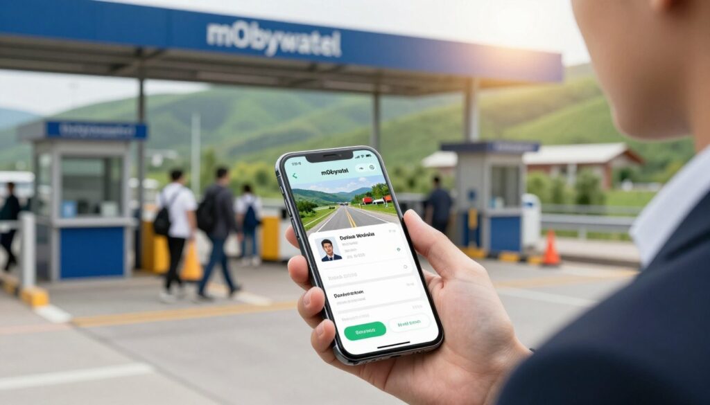 A close-up view of a smartphone displaying the mObywatel app interface, showing a digital identification document alongside a scenic border crossing. In the foreground, the phone is held by a well-dressed individual, wearing a smart business casual outfit, with a focused expression. The middle ground features a blurred border checkpoint, including an official booth and a few travelers passing through, showcasing the hustle of border control. In the background, green rolling hills highlight the transition between two countries. The lighting is soft and natural, suggesting a bright day, with a slight lens flare to add warmth. The atmosphere is one of convenience and modernity, illustrating the theme of digital documentation replacing traditional paper forms at borders.