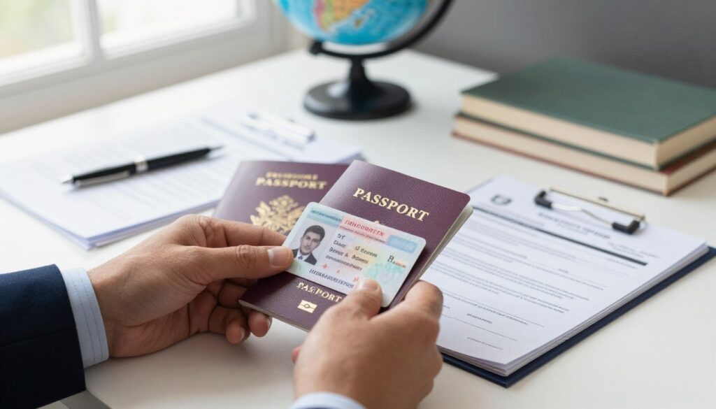 A close-up view of a well-organized desk featuring various identity documents such as passports, ID cards, and visa applications, illuminated by soft, natural light streaming through a nearby window. In the foreground, a hand in professional business attire is seen holding a passport, showcasing its vital importance. The middle ground contains neatly stacked papers and a pen, symbolizing the meticulous nature of travel documentation. In the background, a blurred globe and travel books hint at the vast world awaiting exploration. The atmosphere conveys a sense of seriousness and importance, emphasizing the necessity of valid identity documents for international travel.