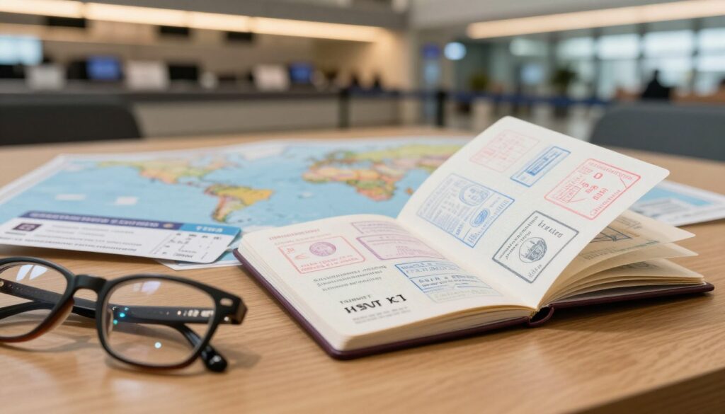 A close-up view of an open passport resting on a wooden table, with the pages slightly fanned to show details such as stamps and visas. In the foreground, a pair of stylish eyeglasses and a ticket to Tunisia lay beside the passport. The middle ground features a world map spread out, hinting at travel destinations. The background includes a soft-focus image of an airport check-in counter, subtly illuminated by warm, ambient lighting. A sense of anticipation and excitement fills the atmosphere, emphasizing the importance of having a valid travel document. The scene is captured from a slightly elevated angle to enhance depth, using a soft lens to create an inviting and informative mood. A close-up view of an open passport resting on a wooden table, with the pages slightly fanned to show details such as stamps and visas. In the foreground, a pair of stylish eyeglasses and a ticket to Tunisia lay beside the passport. The middle ground features a world map spread out, hinting at travel destinations. The background includes a soft-focus image of an airport check-in counter, subtly illuminated by warm, ambient lighting. A sense of anticipation and excitement fills the atmosphere, emphasizing the importance of having a valid travel document. The scene is captured from a slightly elevated angle to enhance depth, using a soft lens to create an inviting and informative mood.