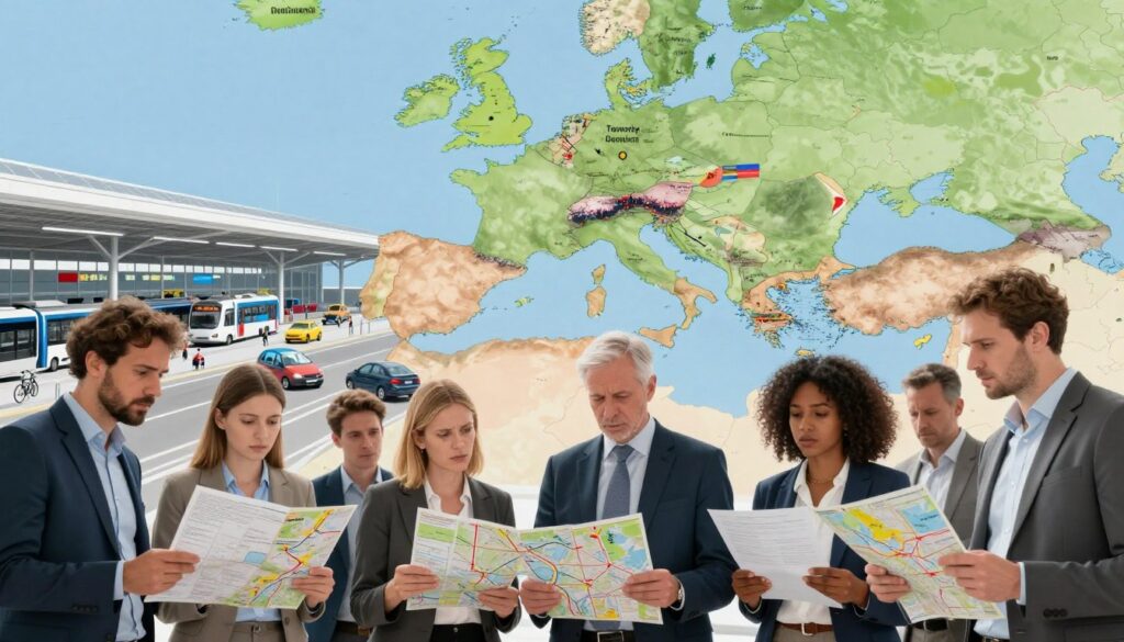 A conceptual illustration showcasing the challenges of contemporary mobility in the European Union. In the foreground, a diverse group of people in professional attire gather, discussing transportation maps and plans, with expressions of concern and determination. The middle layer features a large, modern transportation hub bustling with various vehicles, including trains, buses, and bicycles, symbolizing interconnectedness. In the background, a map of Europe is displayed, highlighting borders and major cities, with a focus on Germany and its neighboring countries. The lighting is bright and natural, creating an optimistic yet serious atmosphere, while a slightly elevated angle captures the complexity of mobility issues faced in Europe today. A conceptual illustration showcasing the challenges of contemporary mobility in the European Union. In the foreground, a diverse group of people in professional attire gather, discussing transportation maps and plans, with expressions of concern and determination. The middle layer features a large, modern transportation hub bustling with various vehicles, including trains, buses, and bicycles, symbolizing interconnectedness. In the background, a map of Europe is displayed, highlighting borders and major cities, with a focus on Germany and its neighboring countries. The lighting is bright and natural, creating an optimistic yet serious atmosphere, while a slightly elevated angle captures the complexity of mobility issues faced in Europe today.