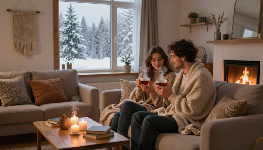 A cozy living room scene embodying the essence of hygge, illuminated by soft, warm lighting. In the foreground, a couple is seated on a plush sofa, wearing modest, comfortable clothing, wrapped in blankets, enjoying cups of steaming tea. A wooden coffee table in front holds candles and a few books, exuding a sense of relaxation. In the middle ground, a window reveals a serene winter landscape with gentle snowflakes falling outside, and evergreen trees in the distance. The background features a tasteful decor with elements like a knitted wall hanging, soft cushions, and a crackling fireplace, creating a welcoming ambiance. The overall mood is warm, inviting, and serene, reflecting the cultural significance of hygge in Danish identity. A cozy living room scene embodying the essence of hygge, illuminated by soft, warm lighting. In the foreground, a couple is seated on a plush sofa, wearing modest, comfortable clothing, wrapped in blankets, enjoying cups of steaming tea. A wooden coffee table in front holds candles and a few books, exuding a sense of relaxation. In the middle ground, a window reveals a serene winter landscape with gentle snowflakes falling outside, and evergreen trees in the distance. The background features a tasteful decor with elements like a knitted wall hanging, soft cushions, and a crackling fireplace, creating a welcoming ambiance. The overall mood is warm, inviting, and serene, reflecting the cultural significance of hygge in Danish identity.