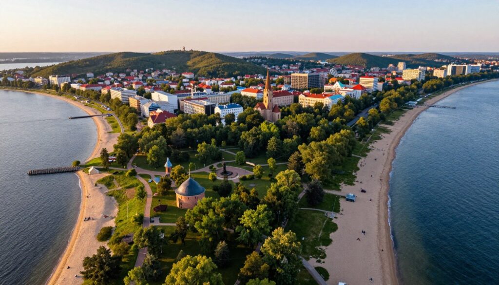 A detailed aerial view of the Kaliningrad Oblast, showcasing its unique geographical features. In the foreground, a lush coastal landscape with sandy beaches along the Baltic Sea, dotted with vibrant green trees and occasional historical landmarks. The middle ground reveals the urban layout of Kaliningrad city, with a blend of modern and historical architecture, including Gothic and Prussian influences. In the background, gentle rolling hills transition into the expansive blue sea, depicting the region's borders. The scene is bathed in soft golden light during sunrise, creating a serene and inviting atmosphere. The composition should suggest tranquility and the interconnectedness of land and water, captured from a high angle to emphasize the region's unique position on the map of Europe, without any people or text present.