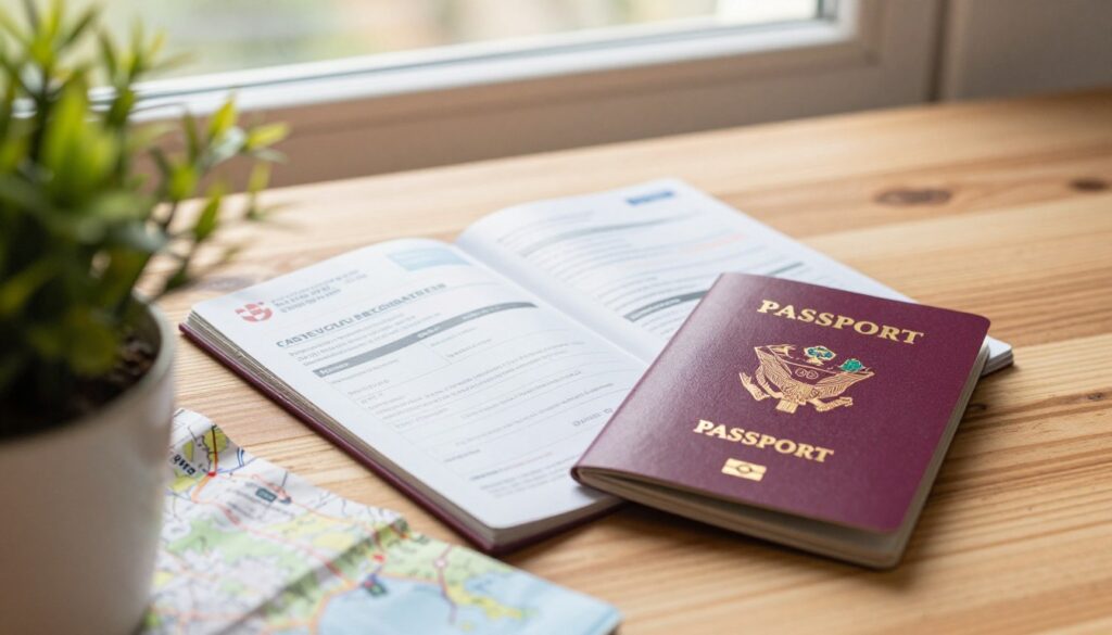 A detailed close-up shot of an open passport and essential travel documents on a wooden table. The foreground features a vibrant green plant and a map of Croatia partially visible, hinting at travel plans. In the middle, a travel guidebook and a pet vaccination certificate lie beside the passport, emphasizing the importance of documentation for car travel and pet transport. The background softly blurs into a sunlit window, casting warm, natural light across the scene, creating a warm, inviting atmosphere. The image reflects a sense of preparation and anticipation for a summer road trip, with an overall mood of excitement and adventure. A detailed close-up shot of an open passport and essential travel documents on a wooden table. The foreground features a vibrant green plant and a map of Croatia partially visible, hinting at travel plans. In the middle, a travel guidebook and a pet vaccination certificate lie beside the passport, emphasizing the importance of documentation for car travel and pet transport. The background softly blurs into a sunlit window, casting warm, natural light across the scene, creating a warm, inviting atmosphere. The image reflects a sense of preparation and anticipation for a summer road trip, with an overall mood of excitement and adventure.
