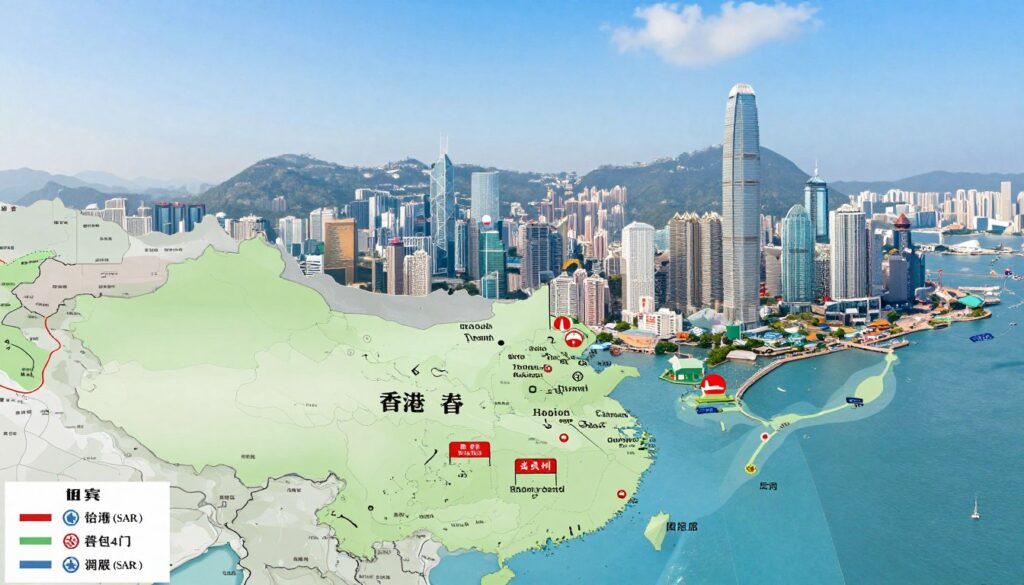 A detailed, high-resolution map showcasing the Special Administrative Regions (SARs) of China, with a focus on Hong Kong and Macau. In the foreground, depict symbols representing governance and border control, such as official buildings or border crossing signs. In the middle ground, illustrate bustling urban landscapes of Hong Kong and Macau, featuring iconic skyscrapers, traditional markets, and cultural landmarks. The background should transition to a serene coastline with the South China Sea, under a clear blue sky. Utilize soft, natural lighting to create an inviting atmosphere, capturing the essence of these unique regions. The viewpoint should be slightly elevated to provide a comprehensive overview, highlighting both the vibrancy of city life and the geopolitical significance of the borders.