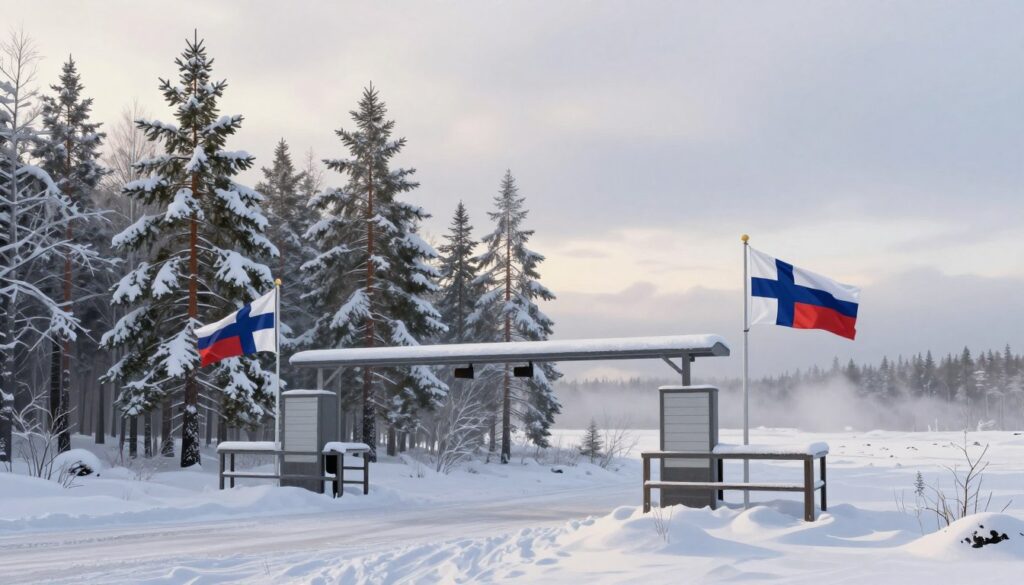 A detailed illustration of the Finland-Russia border, featuring a serene winter landscape. In the foreground, a snow-covered border post stands proudly, adorned with both Finnish and Russian flags, symbolizing the national boundary. The middle ground showcases a tranquil forest of tall pine trees dusted with fresh snow, creating a sense of peace and tranquility. In the background, a soft, overcast sky casts a gentle light on the scene, enhancing the cold atmosphere. The composition should capture the vastness of the landscape, with a slight mist rolling in from the horizon, adding depth and mystery. The image conveys a mood of quiet strength and safety, emphasizing the importance of the border as a critical element of security in this region.