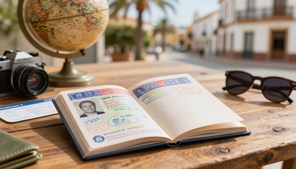 A detailed image of a travel passport prominently displayed on a well-traveled wooden table. The passport is open to reveal colorful visa stamps and blank pages. Surrounding the passport are travel essentials like a vintage globe, a boarding pass, a camera, and a pair of sunglasses, evoking a sense of adventure and exploration. In the background, a softly blurred view of a sunny Spanish street can be seen, with palm trees and quaint architecture. The lighting is warm and inviting, reminiscent of a sunny holiday, with soft shadows enhancing the textures of the objects. The mood is one of anticipation and wanderlust, perfect for illustrating the importance of carrying a passport even when it is not required for certain travels. A detailed image of a travel passport prominently displayed on a well-traveled wooden table. The passport is open to reveal colorful visa stamps and blank pages. Surrounding the passport are travel essentials like a vintage globe, a boarding pass, a camera, and a pair of sunglasses, evoking a sense of adventure and exploration. In the background, a softly blurred view of a sunny Spanish street can be seen, with palm trees and quaint architecture. The lighting is warm and inviting, reminiscent of a sunny holiday, with soft shadows enhancing the textures of the objects. The mood is one of anticipation and wanderlust, perfect for illustrating the importance of carrying a passport even when it is not required for certain travels.