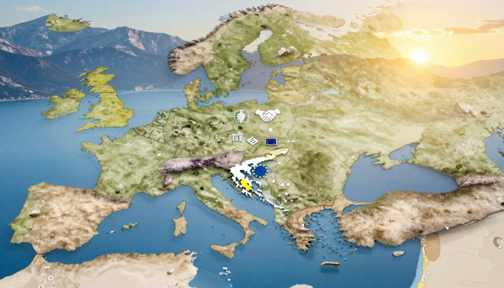 A detailed map focusing on Greece and its neighboring countries, highlighting the significance of the Schengen borders. In the foreground, a symbolic representation of the Schengen Area map, overlaid with transparent borders, illustrating Greece's position among its Balkan neighbors. The middle section features icons of collaboration, such as handshake symbols and the European Union stars, emphasizing unity and freedom of movement. In the background, a serene landscape of the Balkan mountains and coastlines at sunset, casting a warm golden glow, symbolizing peace and connectivity. The image should have a professional and informative feel, with soft lighting and a clear, wide-angle perspective.