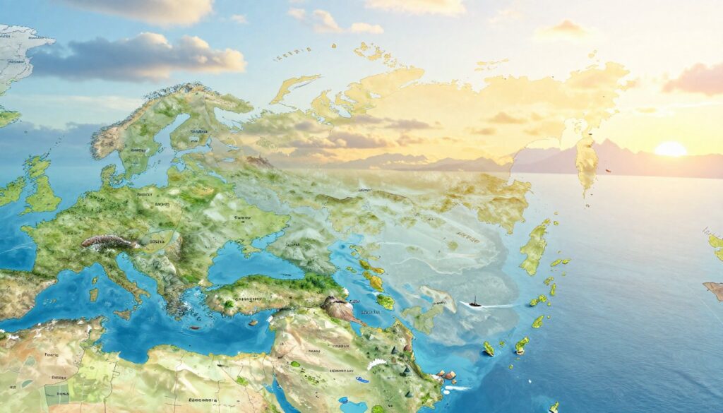 A detailed map illustration of the Pacific waterways and straits that define Russia's maritime boundaries, showcasing its geographical neighbors. In the foreground, include a vibrant representation of the Kamchatka Peninsula with its rugged coastline detailed by waves crashing against rocks. The middle ground features the Bering Sea, illustrating the Chukchi Sea and the Aleutian Islands with clear blue waters. In the background, depict the vast expanse of the Pacific Ocean, with soft clouds above and a warm sunset casting a golden hue. Emphasize the natural beauty of this region, highlighting elements like distant mountains and small boats navigating the straits. The image should convey a sense of tranquility and connectivity. Use soft lighting to accentuate the colors and details, creating an inviting atmosphere suitable for educational purposes, viewed from a slightly elevated angle. A detailed map illustration of the Pacific waterways and straits that define Russia's maritime boundaries, showcasing its geographical neighbors. In the foreground, include a vibrant representation of the Kamchatka Peninsula with its rugged coastline detailed by waves crashing against rocks. The middle ground features the Bering Sea, illustrating the Chukchi Sea and the Aleutian Islands with clear blue waters. In the background, depict the vast expanse of the Pacific Ocean, with soft clouds above and a warm sunset casting a golden hue. Emphasize the natural beauty of this region, highlighting elements like distant mountains and small boats navigating the straits. The image should convey a sense of tranquility and connectivity. Use soft lighting to accentuate the colors and details, creating an inviting atmosphere suitable for educational purposes, viewed from a slightly elevated angle.
