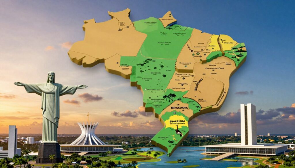 A detailed map of Brazil highlighting the federal districts, emphasizing the administrative divisions within the country. In the foreground, showcase iconic Brazilian landmarks such as the Christ the Redeemer statue and the Brasília Palace of Justice, rendered in 3D for a modern touch. The middle ground should include representations of diverse geographical features like the Amazon rainforest and the Pantanal wetlands, illustrating Brazil's vast natural resources. The background features a gradient sky transitioning from sunset to night, symbolizing the dynamic political landscape. Use soft, ambient lighting to create a welcoming atmosphere, with a professional lens perspective that captures the scale and beauty of Brazil's architecture and nature. The overall mood should convey pride and progress in Brazil's political structure, maintaining a vivid and informative visual narrative.