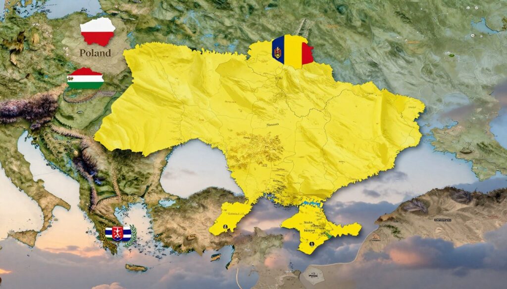 A detailed map of Eastern Europe's geopolitical boundaries, highlighting Ukraine's neighbors—Poland, Slovakia, Hungary, Romania, Moldova, and Belarus. The foreground features symbols representing diplomacy, such as olive branches and flags of neighboring countries, suggesting cooperation and tension. In the middle, the map should portray distinct terrain features—mountains, rivers, and urban areas—along the borders, emphasizing their strategic significance. The background includes soft atmospheric elements, such as clouds and a gradient sky transitioning from dawn to dusk, symbolizing change and uncertainty in geopolitics. Use warm, natural lighting to create a thoughtful and serious mood. The image should maintain clarity and professionalism without any text or branding. A detailed map of Eastern Europe's geopolitical boundaries, highlighting Ukraine's neighbors—Poland, Slovakia, Hungary, Romania, Moldova, and Belarus. The foreground features symbols representing diplomacy, such as olive branches and flags of neighboring countries, suggesting cooperation and tension. In the middle, the map should portray distinct terrain features—mountains, rivers, and urban areas—along the borders, emphasizing their strategic significance. The background includes soft atmospheric elements, such as clouds and a gradient sky transitioning from dawn to dusk, symbolizing change and uncertainty in geopolitics. Use warm, natural lighting to create a thoughtful and serious mood. The image should maintain clarity and professionalism without any text or branding.