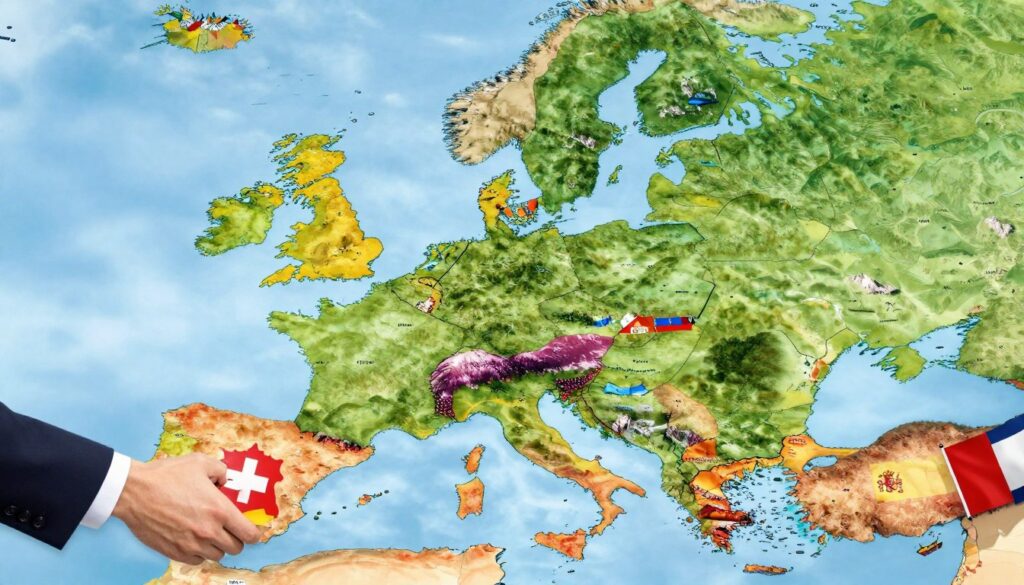 A detailed map of Europe highlighting the land borders of France, surrounded by vibrant landscapes representing neighboring countries such as Belgium, Luxembourg, Germany, Switzerland, Italy, Spain, and Monaco. In the foreground, include symbols of diplomacy, like a handshake or official flags, suggesting peaceful coexistence. The middle ground shows a blend of natural features like rivers and mountains, illustrating geographical barriers, with smooth curves and lines connecting borders. In the background, a clear blue sky with soft clouds enhances the overall serenity of the scene. Soft, natural lighting emphasizes the features without harsh shadows, creating an inviting atmosphere that reflects the importance of land borders for national identity and relationships.