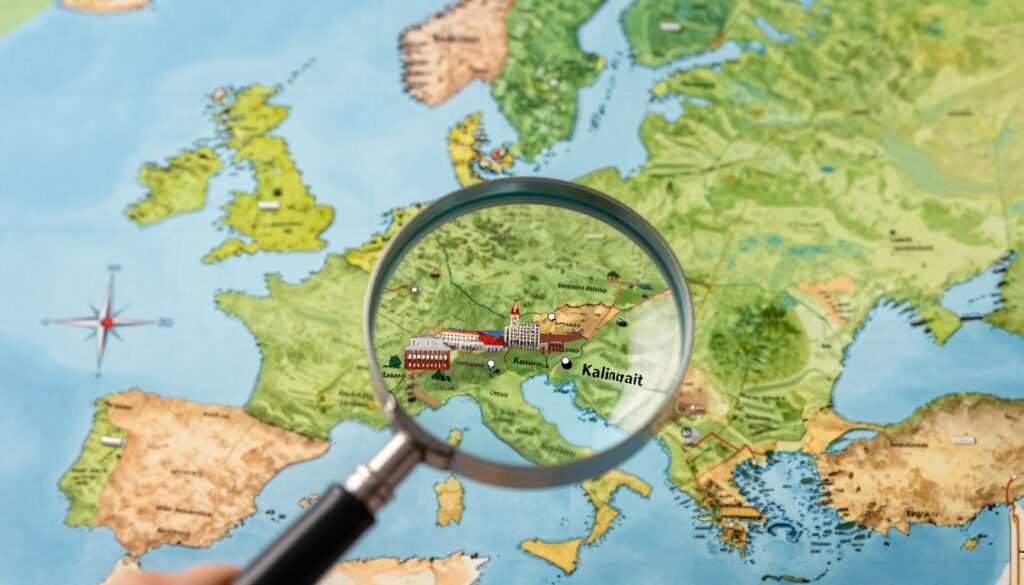 A detailed map of Europe highlighting the location of Kaliningrad, set against a backdrop of lush green landscapes and the Baltic Sea. In the foreground, a magnifying glass zooms in on Kaliningrad, showcasing its buildings and landmarks. The middle layer features a stylized compass rose indicating directions, while the background includes an artistic representation of the European continent with countries outlined in soft colors. The scene is illuminated with a warm, golden sunlight creating a serene atmosphere, casting gentle shadows. Use a clear lens focus giving depth to the map's details, making it visually engaging for readers. The overall mood is informative and inviting, perfect for an informative article illustration.