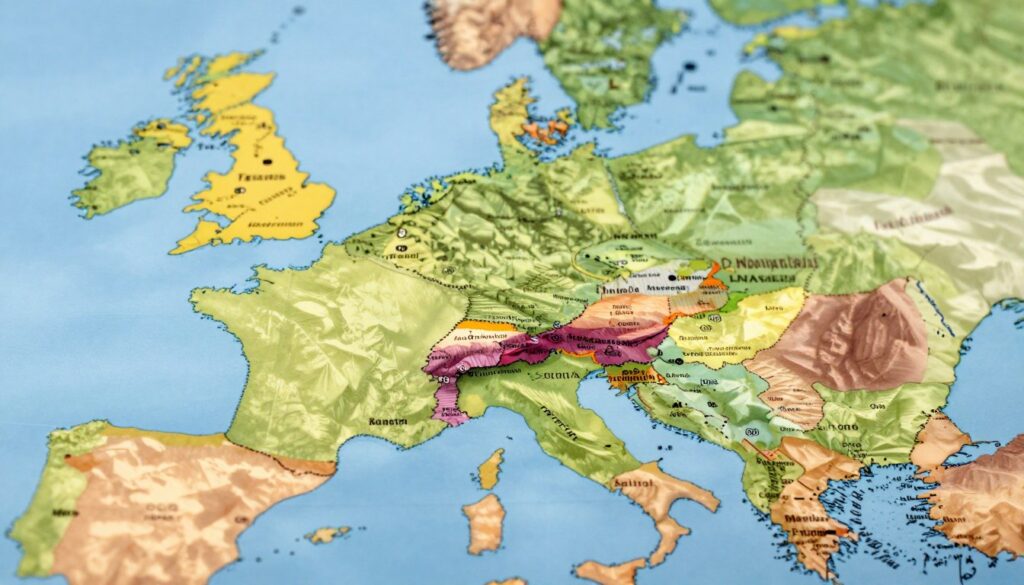 A detailed map of Switzerland and its neighboring countries, highlighting borders and geographical features. In the foreground, clearly demarcate Switzerland, surrounded by its European neighbors: Germany to the north, France to the west, Italy to the south, and Austria and Liechtenstein to the east. The middle ground should showcase diverse landscapes, including the Swiss Alps and rolling hills, with soft sunlight illuminating the scene, creating a warm and inviting atmosphere. In the background, a blue sky provides a serene setting, adding depth to the image. The focus is on clarity and educational value, ensuring the countries are distinct and recognizable without any textual elements or distractions. A detailed map of Switzerland and its neighboring countries, highlighting borders and geographical features. In the foreground, clearly demarcate Switzerland, surrounded by its European neighbors: Germany to the north, France to the west, Italy to the south, and Austria and Liechtenstein to the east. The middle ground should showcase diverse landscapes, including the Swiss Alps and rolling hills, with soft sunlight illuminating the scene, creating a warm and inviting atmosphere. In the background, a blue sky provides a serene setting, adding depth to the image. The focus is on clarity and educational value, ensuring the countries are distinct and recognizable without any textual elements or distractions.