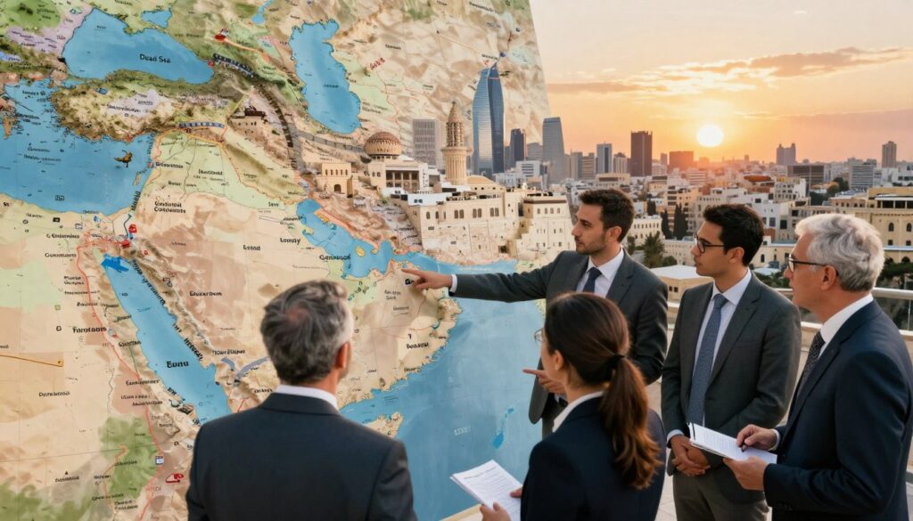 A detailed map of the Middle East highlighting Israel and its borders, surrounded by iconic regional landmarks such as the Dead Sea, Jerusalem, and the Golan Heights. The foreground features a diverse group of professionals in business attire engaged in a discussion, pointing towards the map, showcasing a collaborative atmosphere. The middle ground presents a vibrant city skyline, merging traditional architecture with modern buildings, to reflect the region's rich history and contemporary challenges. The background displays a sunset casting warm, illuminating light, creating a thoughtful and serious tone, symbolizing the geopolitical complexities of the area. The scene is captured from a slightly elevated angle, emphasizing the importance of dialogue and understanding in navigating regional tensions.