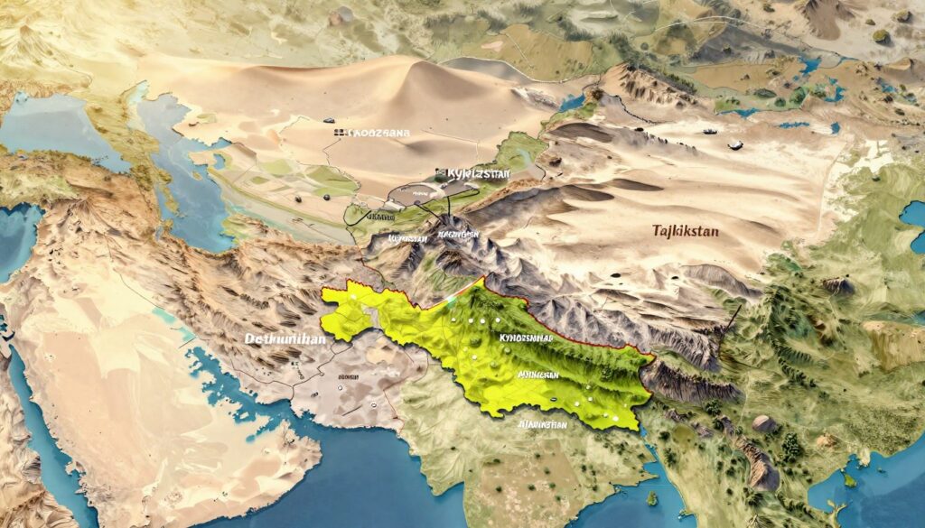 A detailed map showcasing the boundary lengths of Uzbekistan, emphasizing the unique geographical shapes and distances to its neighboring countries: Kazakhstan, Kyrgyzstan, Tajikistan, Afghanistan, and Turkmenistan. In the foreground, a stylized representation of Uzbekistan highlighted in vibrant colors. The middle ground features a topographical view, including mountainous terrain and flat plains to symbolize the diverse landscapes along the borders. The background should illustrate a soft-focus scene of Central Asian desert, with a warm, golden light suggesting the arid climate. The overall image conveys a sense of connectivity and logistics, inviting viewers to appreciate the strategic importance of Uzbekistan's location. The atmosphere is informative and professional, suitable for a scholarly article.
