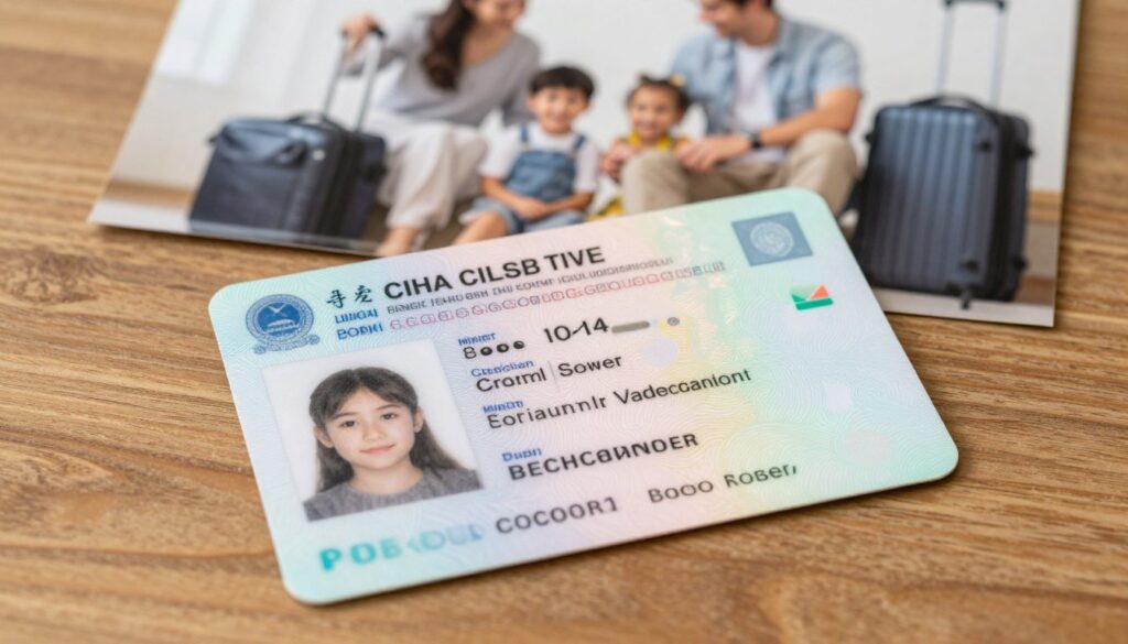 A detailed, realistic identity document for children, showcasing a colorful design that includes security features like watermarks and a holographic strip. In the foreground, the document is positioned prominently on a wooden table, illuminated by soft, natural lighting that enhances its textures. The background features a family traveling scene, with a parent and child preparing for a trip together, showing a suitcase and travel essentials. The mood is warm and inviting, highlighting the excitement of travel while focusing on the importance of proper documentation for children. The angle is slightly above eye level, allowing a clear view of the document and the family interaction without any text or distractions. A detailed, realistic identity document for children, showcasing a colorful design that includes security features like watermarks and a holographic strip. In the foreground, the document is positioned prominently on a wooden table, illuminated by soft, natural lighting that enhances its textures. The background features a family traveling scene, with a parent and child preparing for a trip together, showing a suitcase and travel essentials. The mood is warm and inviting, highlighting the excitement of travel while focusing on the importance of proper documentation for children. The angle is slightly above eye level, allowing a clear view of the document and the family interaction without any text or distractions.