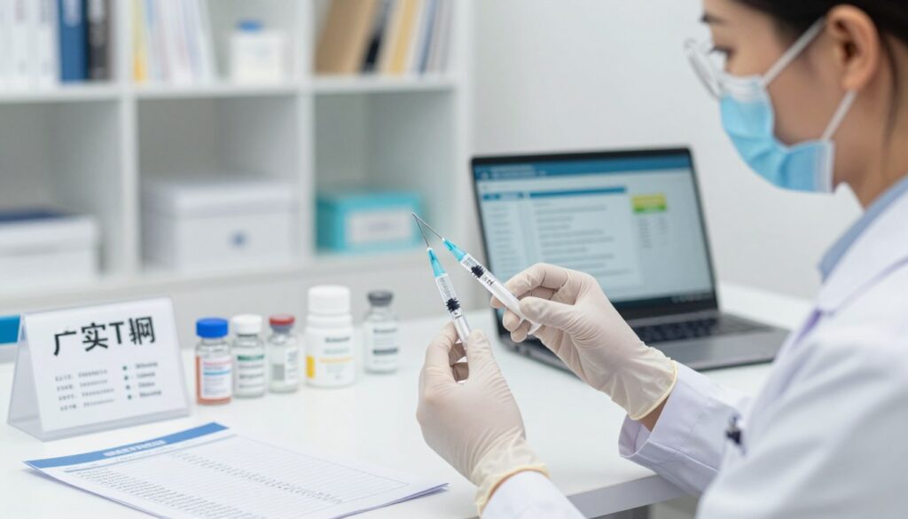A detailed scene illustrating medical preparations and vaccinations before traveling. In the foreground, a healthcare professional in a white lab coat and gloves prepares a syringe filled with a vaccine, focused and meticulous. The middle ground features a neatly organized medical workspace with labels and medical supplies, including charts of vaccinations and a laptop displaying travel health information. In the background, shelves filled with medical books and supplies illustrate a well-equipped clinic. The lighting is bright and clinical, creating a clean and professional atmosphere. The angle captures the healthcare professional in profile, emphasizing their expertise and the importance of medical readiness for travel. The mood is informative and reassuring, indicating the significance of health preparations.