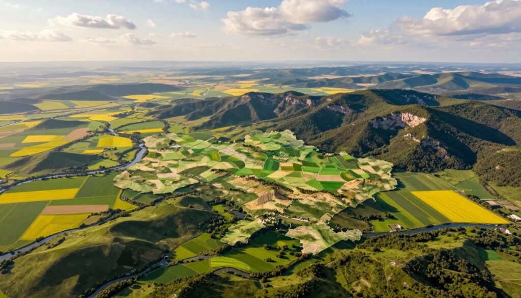 A detailed topographic map highlighting the diverse terrain of Ukraine. In the foreground, showcase lush green hills and valleys, interspersed with winding rivers and farm fields in vibrant shades of yellow and green. The middle ground should feature mountainous regions with rocky cliffs and dense forests, transitioning into flat plains as we move towards the background, where a soft gradient of rolling hills meets the horizon. The sky is bright, dotted with fluffy clouds and warm sunlight illuminating the landscape. The image should evoke a sense of exploration and geographical diversity, with a focus on how this terrain influences the borders and neighboring countries of Ukraine. Use a wide-angle perspective to capture the vastness of the landscape, enhancing the mood of openness and natural beauty. A detailed topographic map highlighting the diverse terrain of Ukraine. In the foreground, showcase lush green hills and valleys, interspersed with winding rivers and farm fields in vibrant shades of yellow and green. The middle ground should feature mountainous regions with rocky cliffs and dense forests, transitioning into flat plains as we move towards the background, where a soft gradient of rolling hills meets the horizon. The sky is bright, dotted with fluffy clouds and warm sunlight illuminating the landscape. The image should evoke a sense of exploration and geographical diversity, with a focus on how this terrain influences the borders and neighboring countries of Ukraine. Use a wide-angle perspective to capture the vastness of the landscape, enhancing the mood of openness and natural beauty.