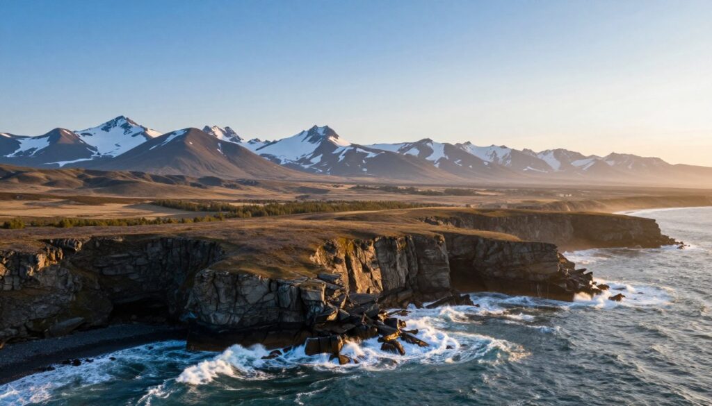 A dramatic landscape featuring the extreme points of Russia’s vast territory. In the foreground, a rugged coastline with crashing waves against rocky cliffs, symbolizing the northernmost point. In the middle ground, a serene, expansive tundra with patches of hardy vegetation representing the highest point of elevation. The background showcases a breathtaking horizon with snow-capped mountains under a clear blue sky, epitomizing the southernmost reach. Capture the ethereal light of early morning, with soft golden rays illuminating the landscape, creating long shadows. The atmosphere conveys a sense of awe and the grandeur of nature, emphasizing the scale and diversity of Russia’s geography. Use a wide-angle lens to highlight the sweeping vistas, ensuring the image feels expansive and inviting. A dramatic landscape featuring the extreme points of Russia’s vast territory. In the foreground, a rugged coastline with crashing waves against rocky cliffs, symbolizing the northernmost point. In the middle ground, a serene, expansive tundra with patches of hardy vegetation representing the highest point of elevation. The background showcases a breathtaking horizon with snow-capped mountains under a clear blue sky, epitomizing the southernmost reach. Capture the ethereal light of early morning, with soft golden rays illuminating the landscape, creating long shadows. The atmosphere conveys a sense of awe and the grandeur of nature, emphasizing the scale and diversity of Russia’s geography. Use a wide-angle lens to highlight the sweeping vistas, ensuring the image feels expansive and inviting.