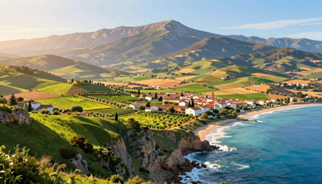 A highly detailed and vibrant illustration of the Iberian Peninsula, showcasing its diverse terrain. In the foreground, lush green hills and rocky cliffs meet the shimmering coastline, reflecting the blue of the Atlantic Ocean. The middle section features a sprawling view of rolling plains and scattered traditional villages with terracotta roofs, nestled among sprawling vineyards and olive groves. In the background, majestic mountain ranges rise against a clear sky, hinting at the natural richness of the region. Soft, golden sunlight bathes the scene, creating a warm and inviting atmosphere. The angle captures a panoramic view, emphasizing the unique geographical features of the region. No humans, text, or overlays present.