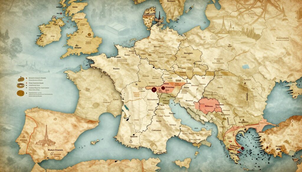 A historical map illustration depicting the evolution of France's borders over time, featuring prominent landmarks and geographical features. In the foreground, a textured parchment-style map displays France's changing territories, with detailed outlines of its historical borders and neighboring countries, such as Belgium, Germany, and Spain. The middle ground includes stylized illustrations of significant historical events, like treaties and conflicts, depicted as icons or vignettes. The background is a soft, faded landscape highlighting iconic French landmarks like the Eiffel Tower and Mont Saint-Michel, giving a sense of place. The lighting is warm, reminiscent of an ancient manuscript, creating an inviting and educational atmosphere. The composition should be clear and organized with a balanced layout, evoking a sense of history and exploration.