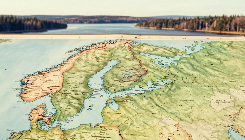 A historical map of Finland showcasing its evolving borders over time, featuring detailed illustrations of neighboring countries such as Sweden, Norway, and Russia. The foreground presents a vintage-style map with intricate borderlines, highlighting major cities like Helsinki and Rovaniemi. In the middle, depictions of significant historical events, like treaties and territorial changes, subtly integrated into the landscape. The background displays a serene Finnish landscape with forests and lakes, hinting at the region's natural beauty. Soft, warm lighting evokes a sense of nostalgia, with a slightly faded filter to give an antique feel. The perspective is slightly elevated, allowing a comprehensive view of the map and surrounding scenery, enhancing the atmosphere of historical exploration.
