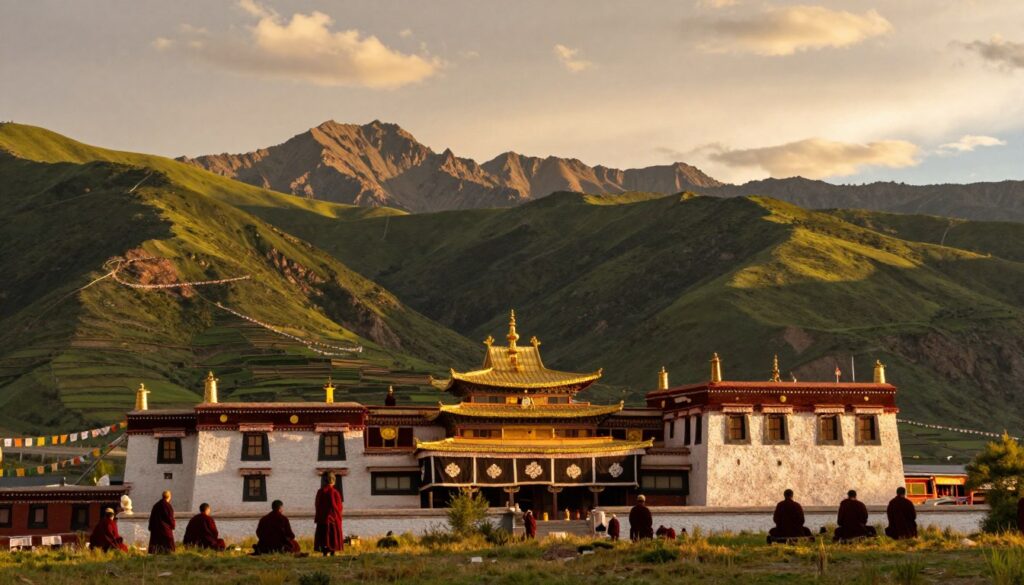 A historical view of Tibet during the time of the Yarlung dynasty, featuring a majestic ancient Tibetan palace intricately designed with traditional architecture in the foreground, set against the breathtaking backdrop of the Himalayas. The middle ground should showcase lush green valleys and terraced fields, with Tibetan prayer flags fluttering in the gentle breeze. The scene is illuminated by a warm golden light of sunset, casting long shadows and bathing the landscape in a serene glow. Capture the essence of Tibetan culture through the presence of monks in modest clothing, engaged in daily activities like meditation or prayer, creating a peaceful and reflective atmosphere. Use a wide-angle lens to enhance the expansive view and showcase the grandeur of the region's natural beauty and rich history.