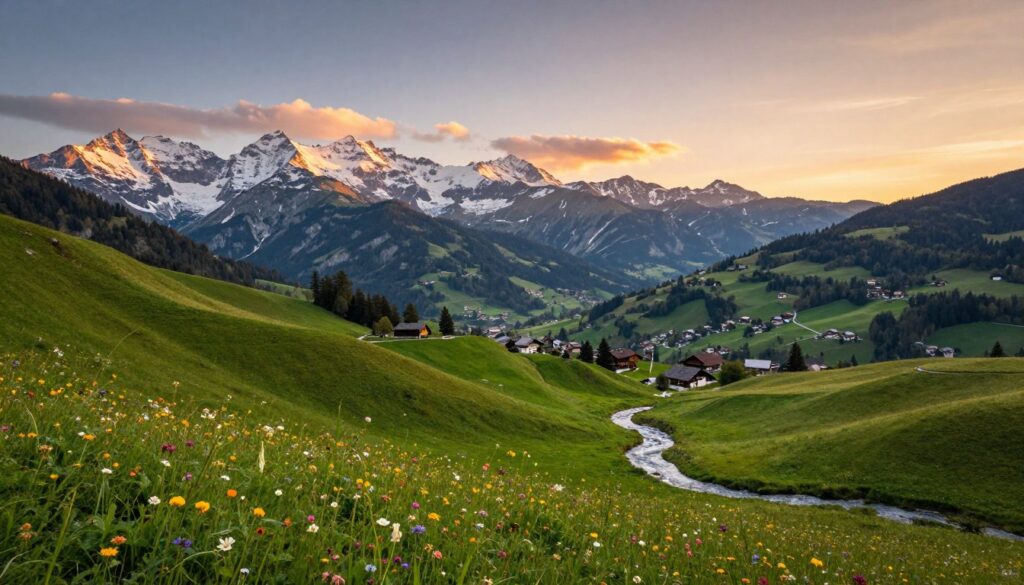 A panoramic view of Austria's diverse geography, showcasing its stunning terrain with rolling hills, towering mountains, and lush valleys. In the foreground, a vibrant green meadow dotted with colorful wildflowers and a gentle stream flowing through. The middle ground features the majestic snow-capped peaks of the Alps, with a few quaint villages nestled at their bases. The background captures the sprawling landscapes of Austria, transitioning into the soft hues of a sunset sky. The atmosphere is serene and picturesque, with warm golden light illuminating the scene. Shot with a wide-angle lens to enhance depth, the image conveys the natural beauty and geographical features that define Austria, perfect for illustrating its unique terrain and geographical context. A panoramic view of Austria's diverse geography, showcasing its stunning terrain with rolling hills, towering mountains, and lush valleys. In the foreground, a vibrant green meadow dotted with colorful wildflowers and a gentle stream flowing through. The middle ground features the majestic snow-capped peaks of the Alps, with a few quaint villages nestled at their bases. The background captures the sprawling landscapes of Austria, transitioning into the soft hues of a sunset sky. The atmosphere is serene and picturesque, with warm golden light illuminating the scene. Shot with a wide-angle lens to enhance depth, the image conveys the natural beauty and geographical features that define Austria, perfect for illustrating its unique terrain and geographical context.